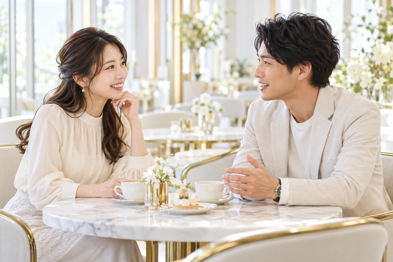 明るい空間で向き合う二人の会話のイメージ